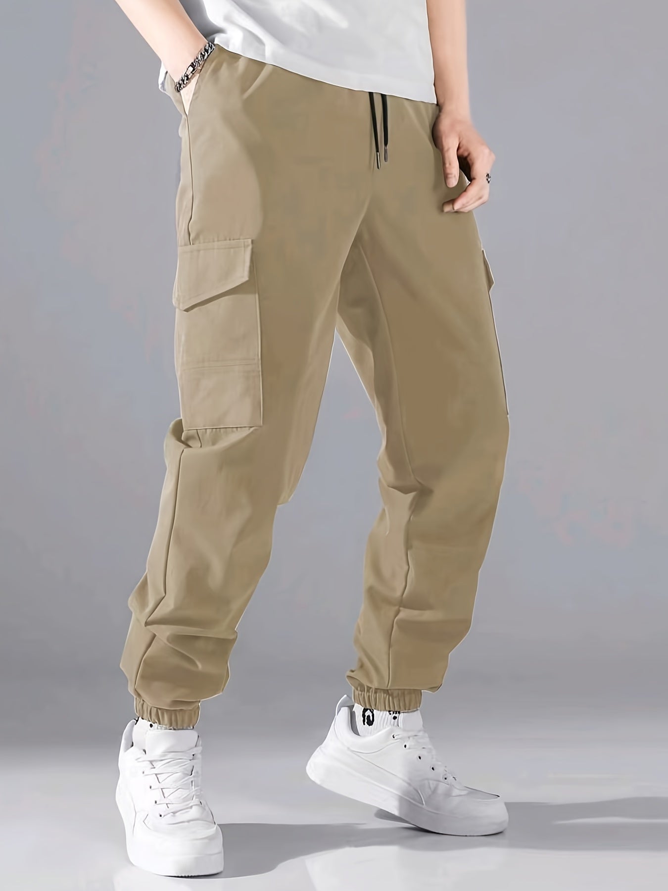 Men'S Casual Polyester Joggers, 100% Polyester, Solid Color, All-Season, Non-Stretch Fabric, Regular Fit with Pockets, Woven, 150g/m² - Comfortable Regular Length Trousers