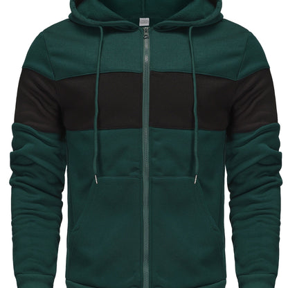 Men's Hooded Zip Up Sweatshirt Jacket - Contrast Color, Casual, Comfy, With Pockets, Ideal for Outdoors and Sports Wear