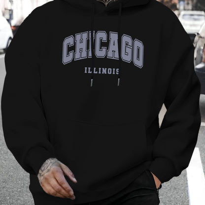 1pc Men'S Casual Chicago Illinois Letter Print Hoodie - Fashionable Drawstring Hooded Sweatshirt, Comfortable Long Sleeve Pullover, Polyester Knit Fabric, Regular Fit for Autumn/Winter