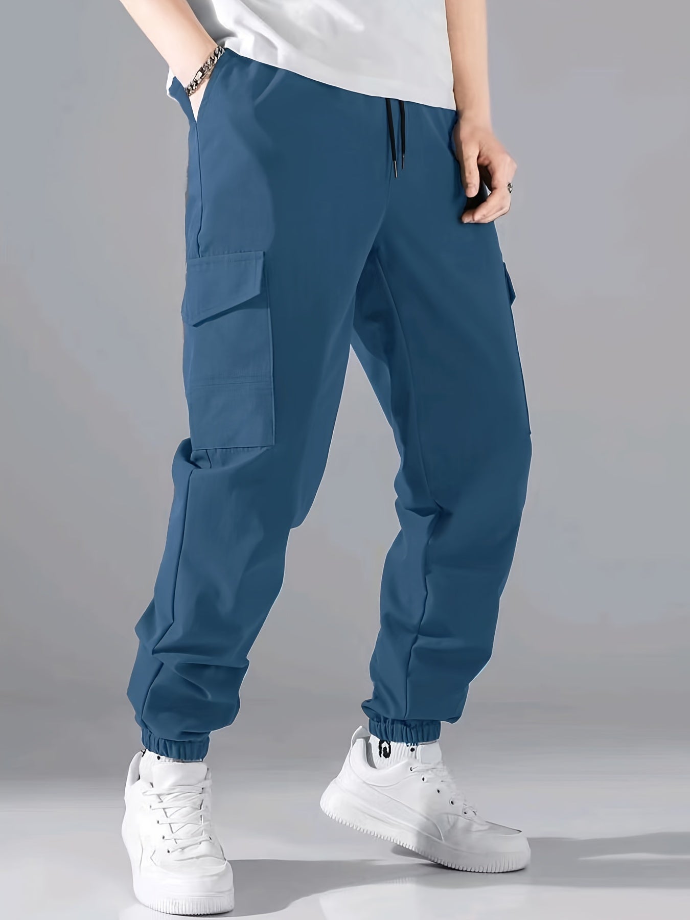 Men'S Casual Polyester Joggers, 100% Polyester, Solid Color, All-Season, Non-Stretch Fabric, Regular Fit with Pockets, Woven, 150g/m² - Comfortable Regular Length Trousers