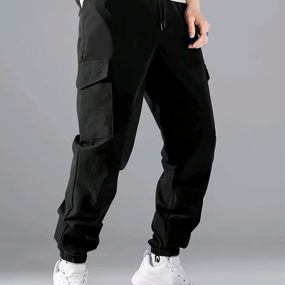 Men'S Casual Polyester Joggers, 100% Polyester, Solid Color, All-Season, Non-Stretch Fabric, Regular Fit with Pockets, Woven, 150g/m² - Comfortable Regular Length Trousers