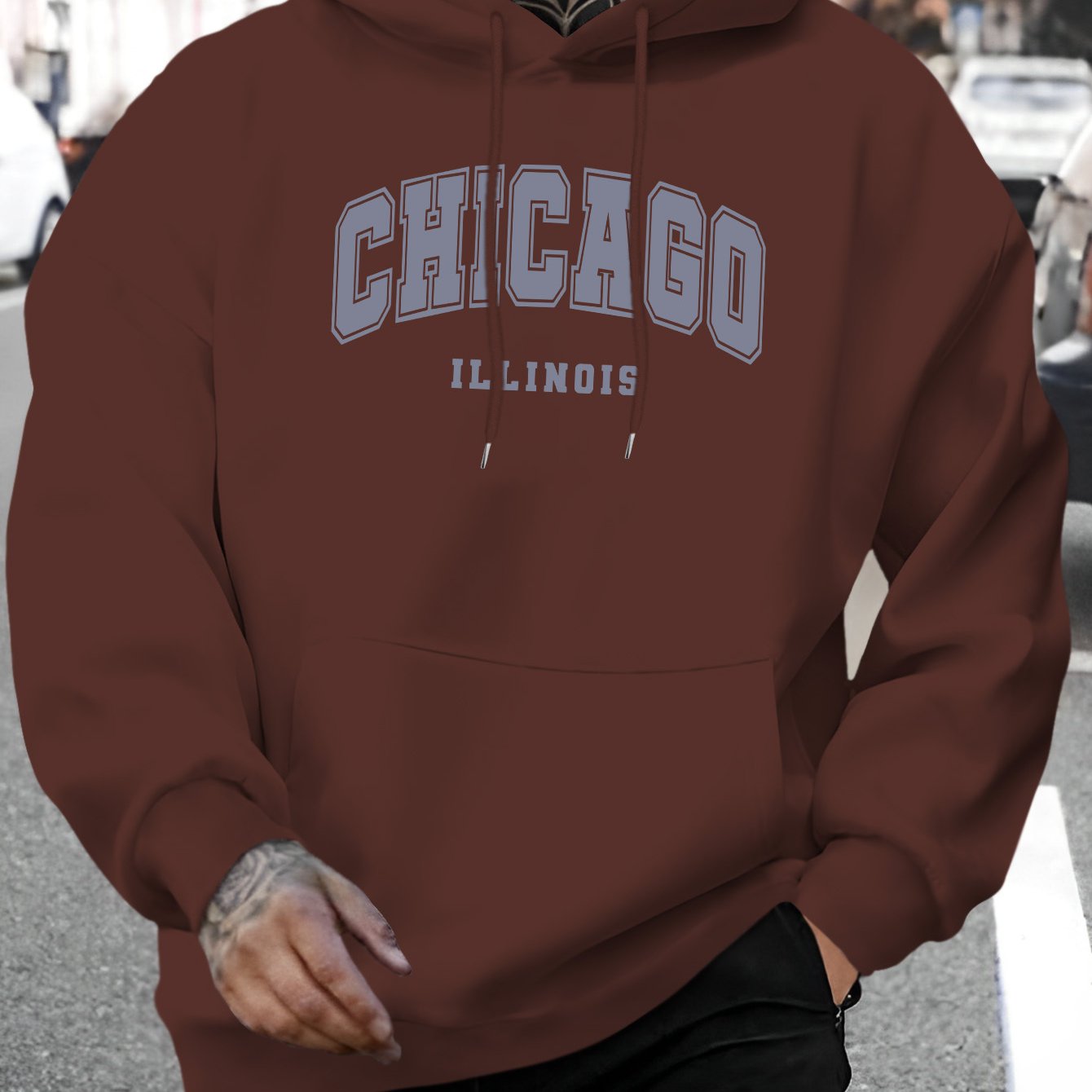 1pc Men'S Casual Chicago Illinois Letter Print Hoodie - Fashionable Drawstring Hooded Sweatshirt, Comfortable Long Sleeve Pullover, Polyester Knit Fabric, Regular Fit for Autumn/Winter