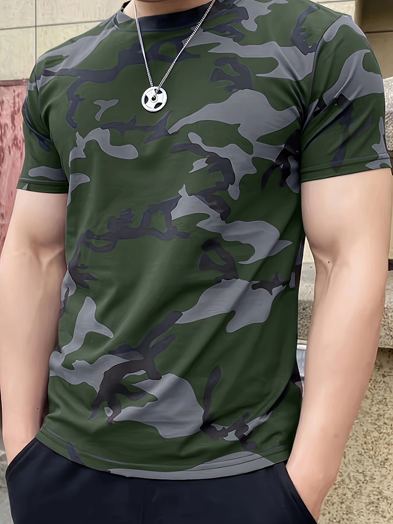 Men's Camouflage Print Short Sleeve T-shirt, Outdoor Athletic Tees For Males