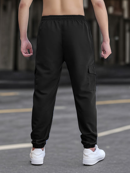 Men'S Casual Polyester Joggers, 100% Polyester, Solid Color, All-Season, Non-Stretch Fabric, Regular Fit with Pockets, Woven, 150g/m² - Comfortable Regular Length Trousers