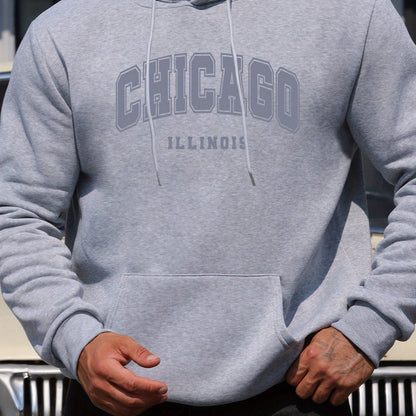 1pc Men'S Casual Chicago Illinois Letter Print Hoodie - Fashionable Drawstring Hooded Sweatshirt, Comfortable Long Sleeve Pullover, Polyester Knit Fabric, Regular Fit for Autumn/Winter