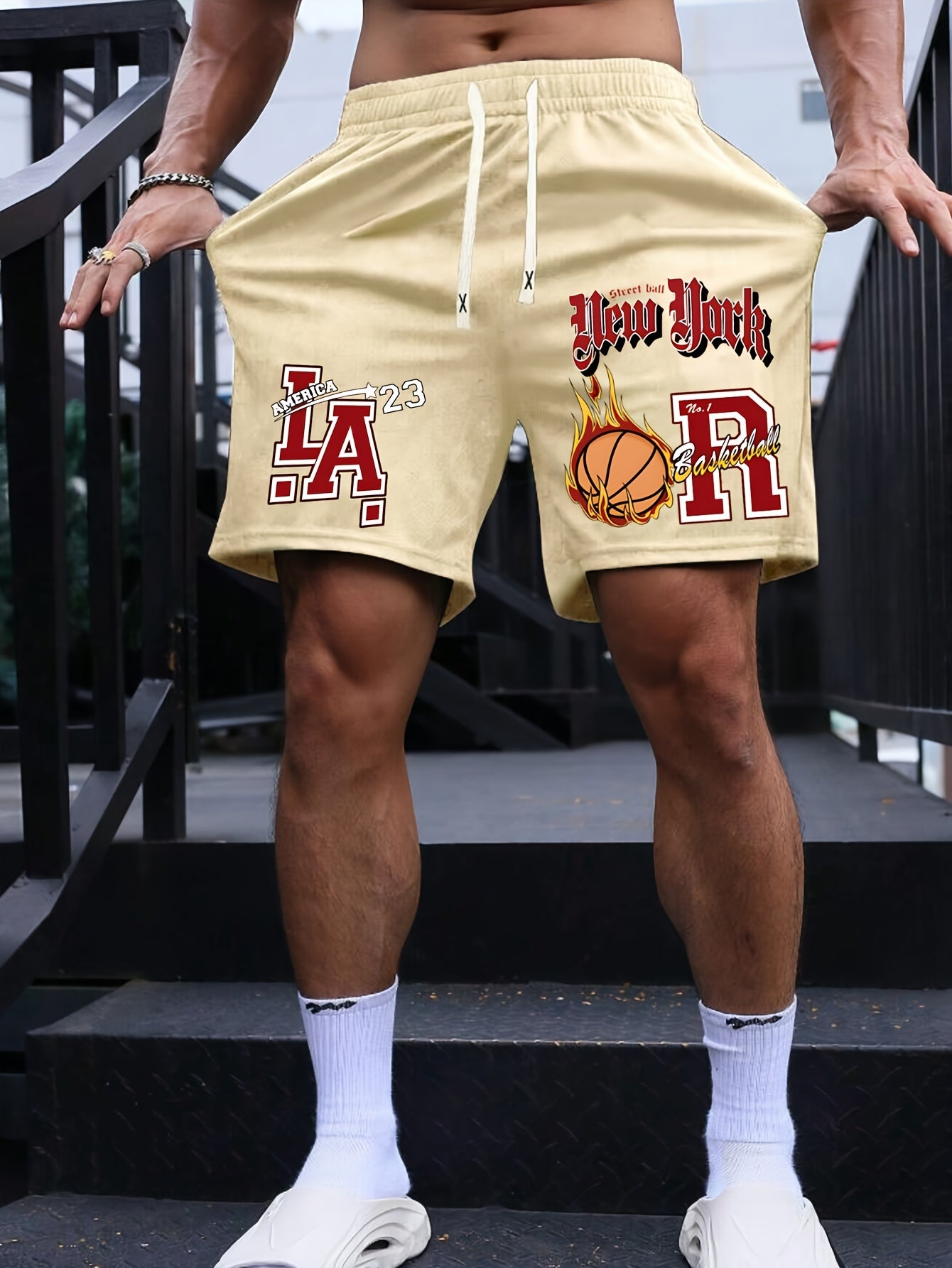 Men's Casual Basketball-Themed Drawstring Shorts - "NEW YORK" & LA Basketball Print, Beige Polyester, Non-Stretch Fabric, Smooth Texture, Hand or Dry Clean Only