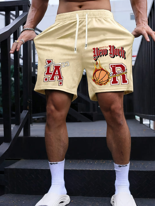 Men's Casual Basketball-Themed Drawstring Shorts - "NEW YORK" & LA Basketball Print, Beige Polyester, Non-Stretch Fabric, Smooth Texture, Hand or Dry Clean Only