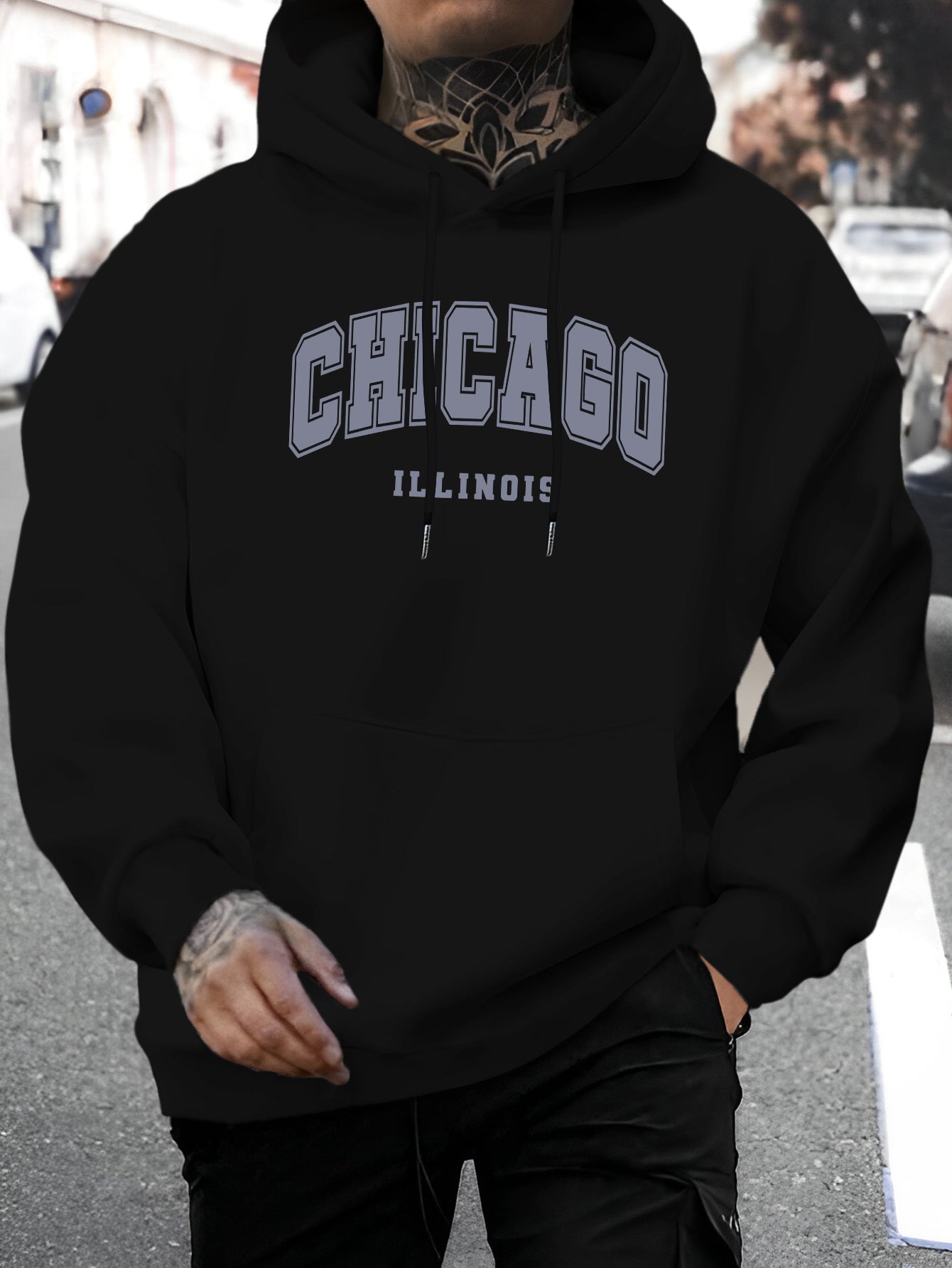 1pc Men'S Casual Chicago Illinois Letter Print Hoodie - Fashionable Drawstring Hooded Sweatshirt, Comfortable Long Sleeve Pullover, Polyester Knit Fabric, Regular Fit for Autumn/Winter