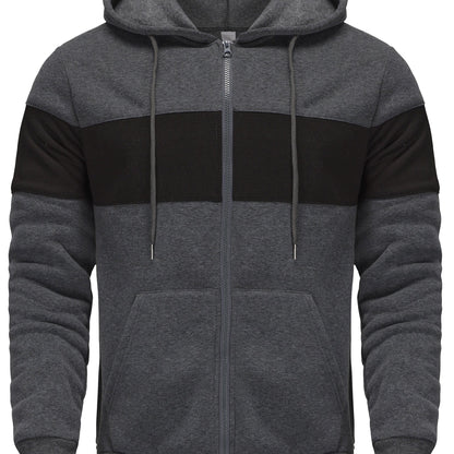 Men's Hooded Zip Up Sweatshirt Jacket - Contrast Color, Casual, Comfy, With Pockets, Ideal for Outdoors and Sports Wear