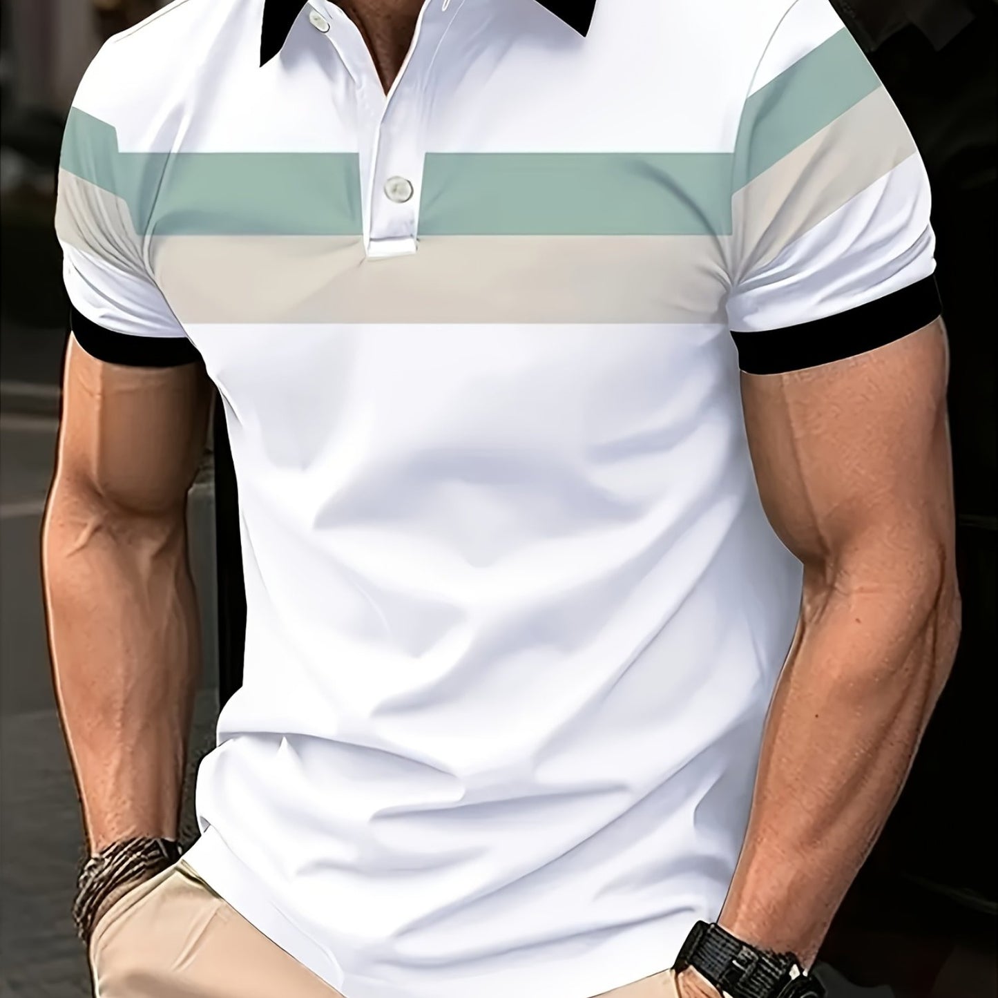 [All-Season Golf Polo Shirt] Men'S Casual Block Color Short Sleeve Polo Shirt, Polyester Knit Fabric with Slight Stretch, Regular Fit, with Lapel Collar and Button Details, for All-Season Golf Shirt