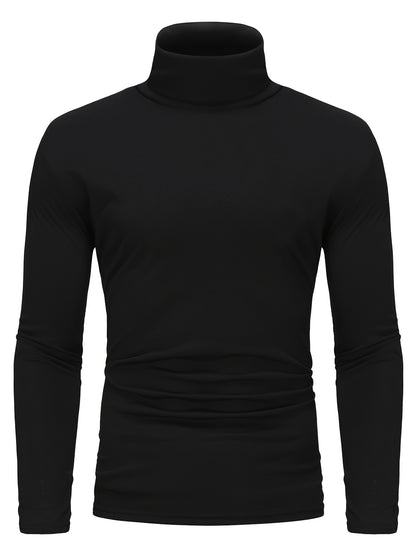 Long Sleeve Slim Fit Turtleneck T-Shirt - Soft Medium Stretch Polyester Fabric, High Neck Collar, Regular Fit, Hand Wash Only, Perfect for Spring and Fall - Casual Style for Adult Men