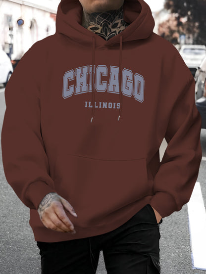 1pc Men'S Casual Chicago Illinois Letter Print Hoodie - Fashionable Drawstring Hooded Sweatshirt, Comfortable Long Sleeve Pullover, Polyester Knit Fabric, Regular Fit for Autumn/Winter